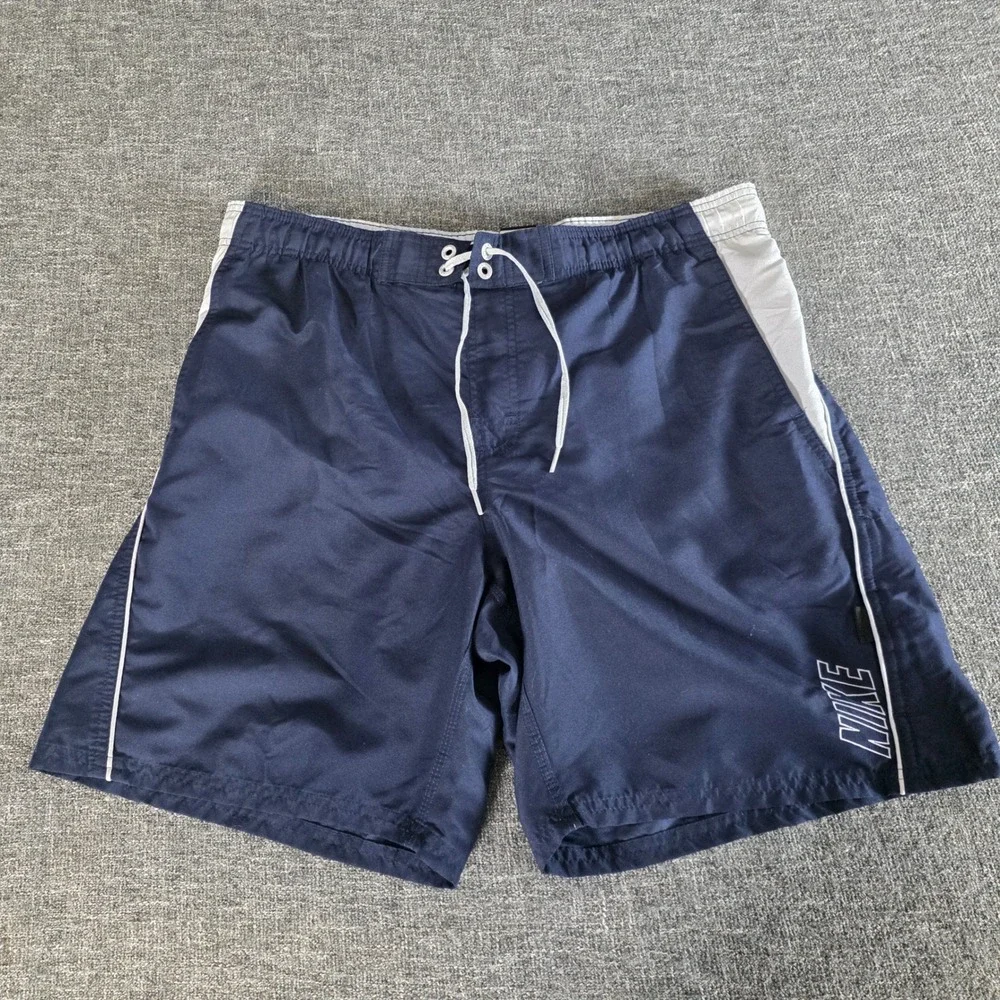 Nike Swim Board Shorts Mens M Navy Blue White Lined Drawstring Big Logo Trunks